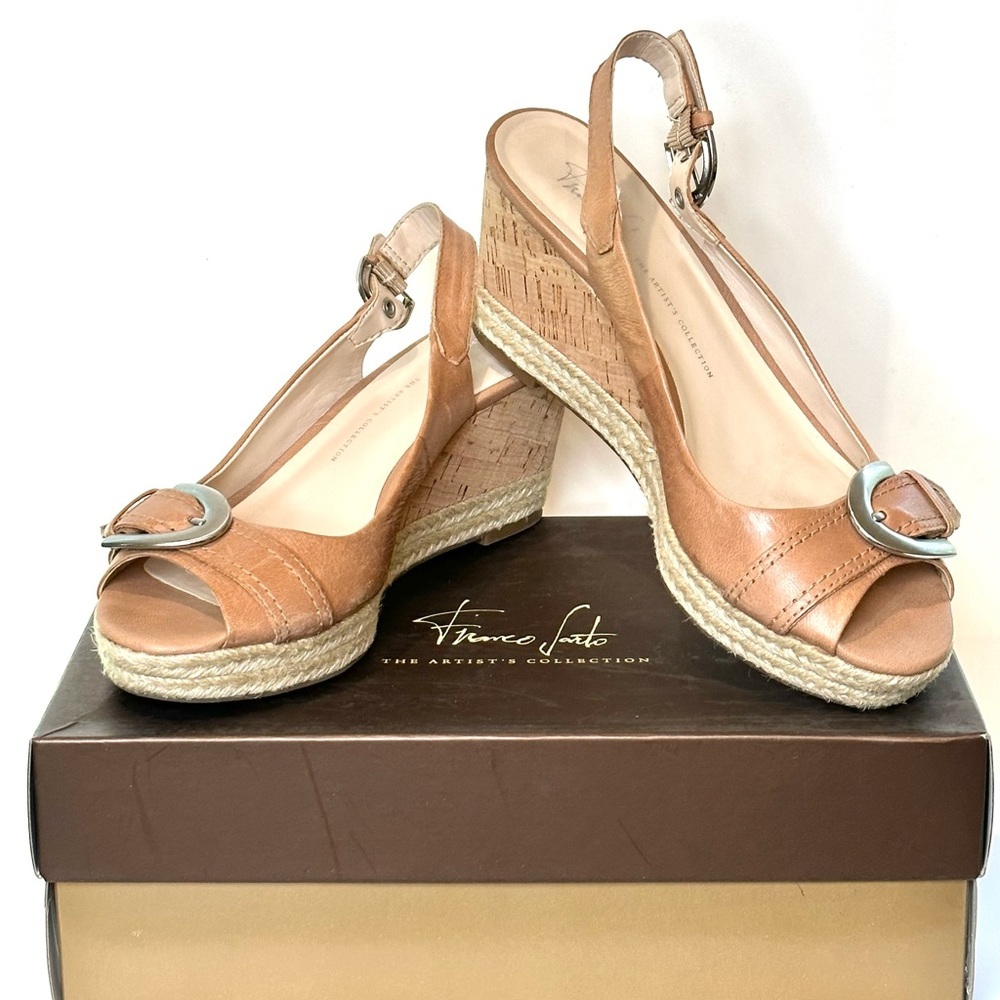 Franco Sarto A Kendra Leather Tan Sling Back Espadrilles Adjustable Strap 9N